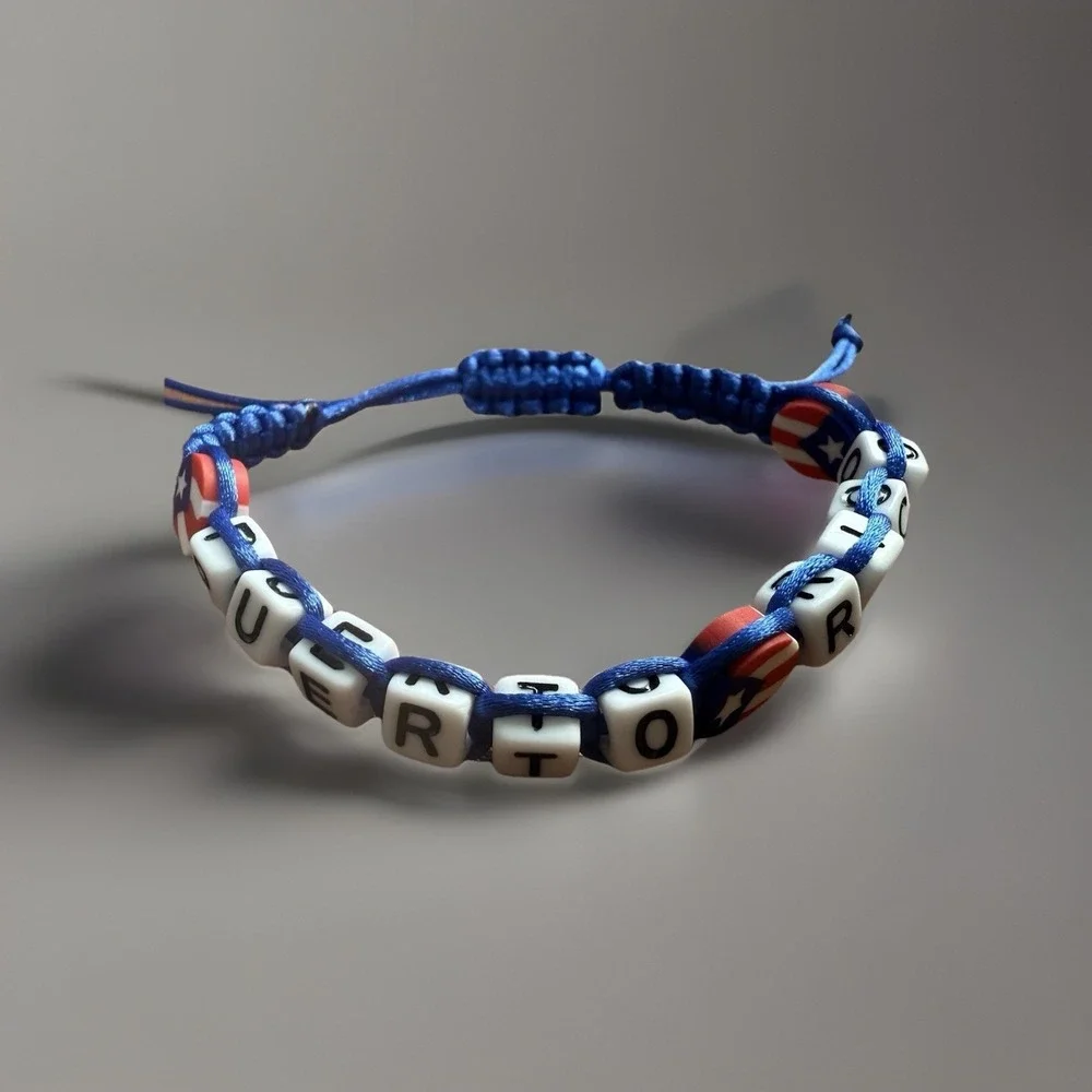 Puerto Rico Letters Unisex Macrame Bracelet Flag Beads Red Blue Black Adjustable